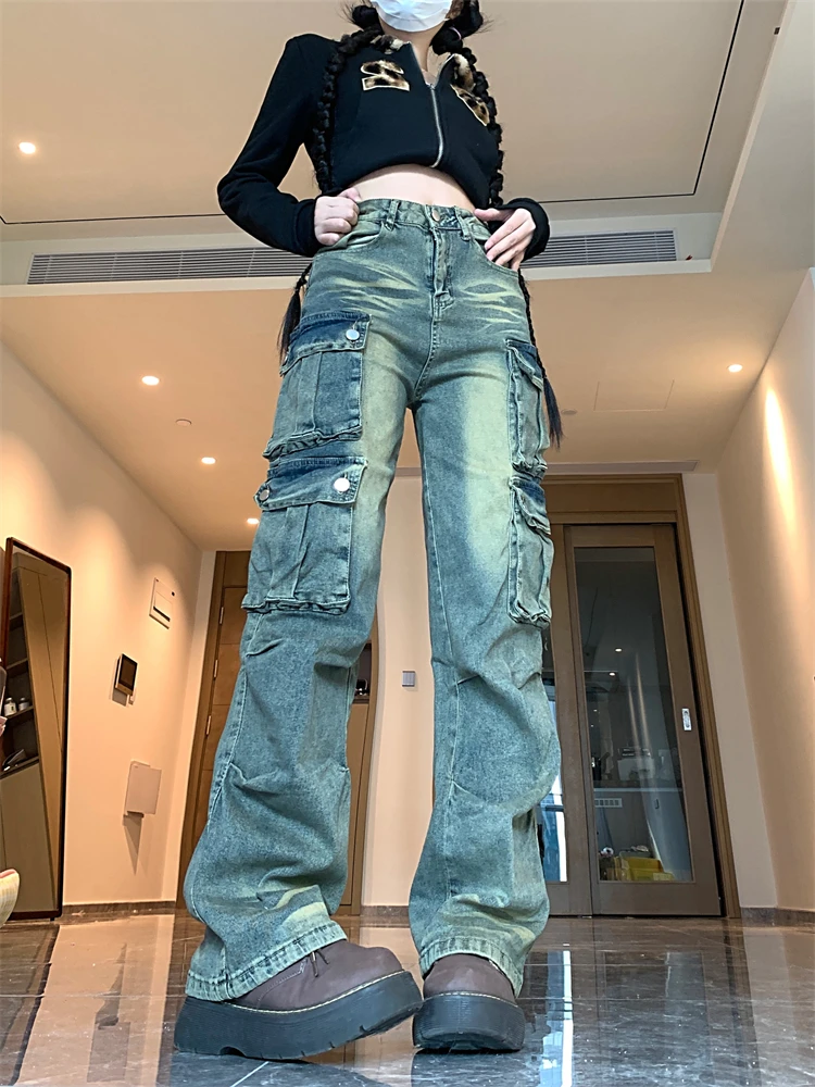 Women's Tie-dye Multi Pocket Wide Leg Vintage Jeans Cool Girl High Waisted Streetwear Fashion Pants Female Casual Denim Trouser