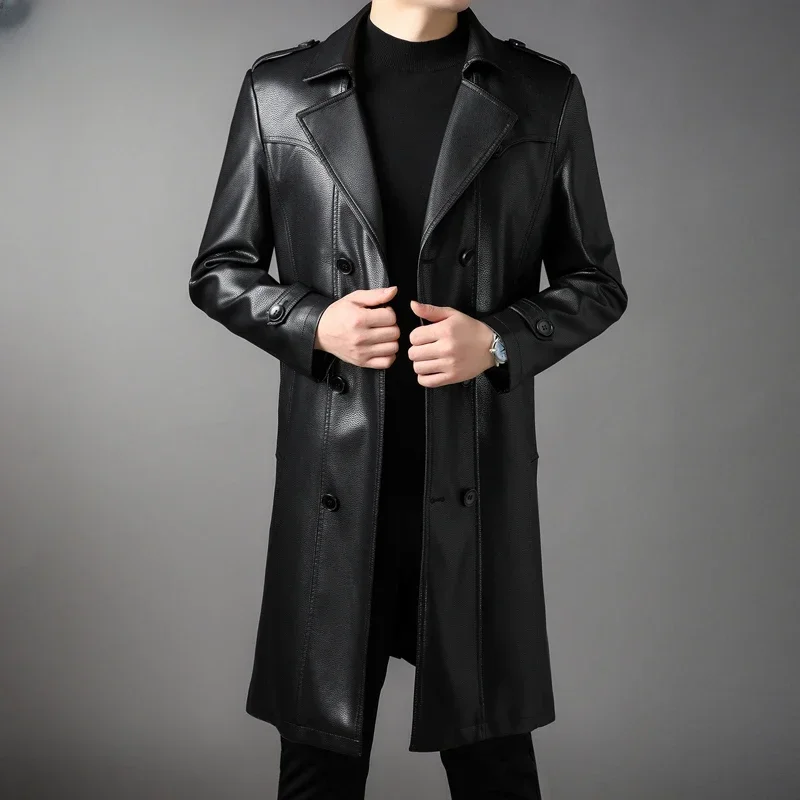 Genuine Leather Jacket Men Mid-length Windbreaker Autumn Winter Casual Leather Jackets Suit Collar Double-breasted Coats Jaqueta