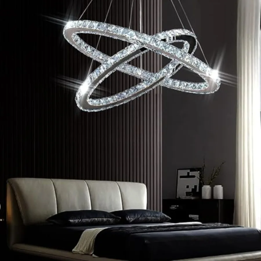 

23.6" Oval Crystal LED Chandelier Modern 2 Ring Hanging Light Fixture 6500K Non- Built-in LED Pendant Light for Dining Room Bed