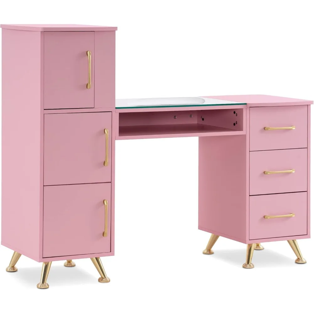 Table de manucure avec égouts de proximité, bureau de maquillage des ongles, station de travail de salon de beauté avec 8 pieds de support en fer, facile à nettoyer, rose