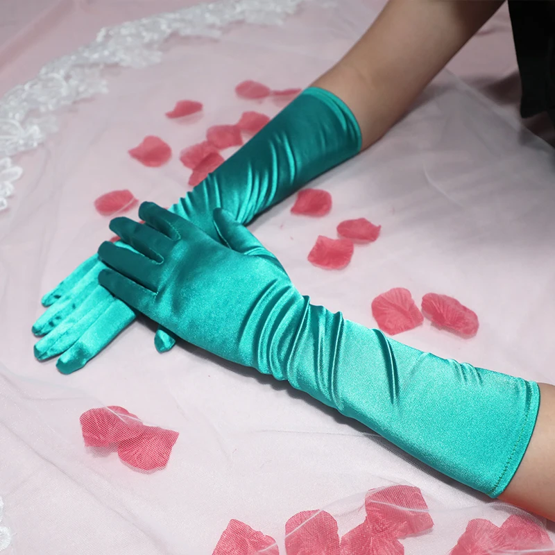 Green Teal Stretchy Shiny Satin Tea Gloves Prom Evening Party Wedding Bridal Charm Gloves Full Finger Long Women\'s Gloves