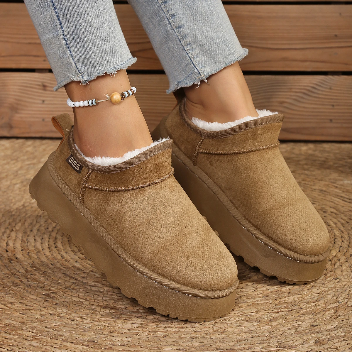Winter Round Head Deep Mouth Drill Butterfly Suede Thickened Soft Sole Cotton Boots Women's Fashion Flat Snow Boots