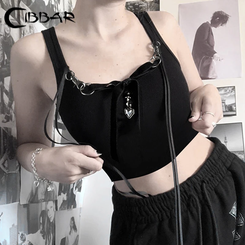 Cibbar Gotische Zwarte Crop Top Vrouwen Metalen Hartvormige Patchwork Tank Tops Streetwear Basis Zomer Tees Y 2K Dames Vest Punkstijl