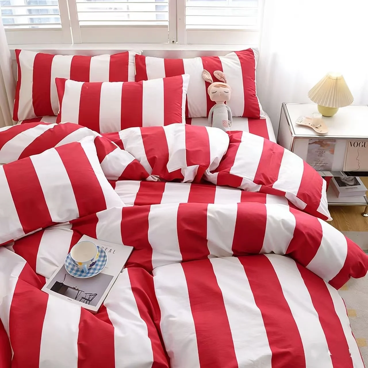 3pcs Red stripe Duvet Cover Set (1*Duvet Cover + 2*Pillowcase, Without Core),red Bedding Set