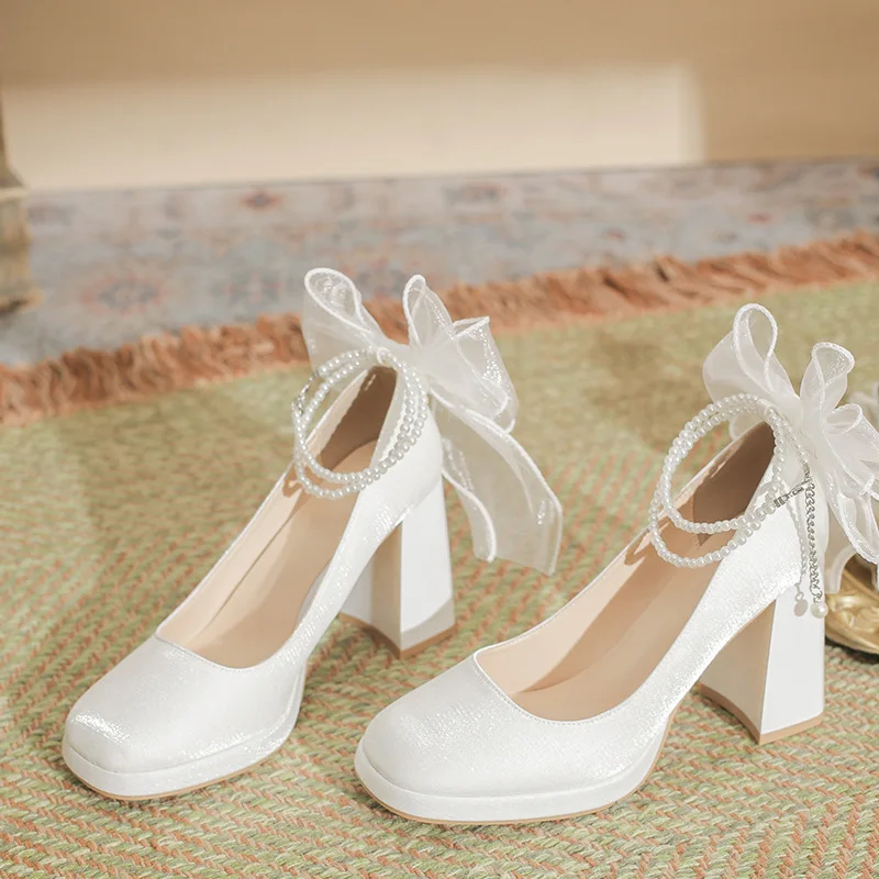 

Women Thick High Heels New Bow Pearl Mary Jane Platform Waterproof Lolita Heels for Women Chunky Wedding Shoes Single Shoe