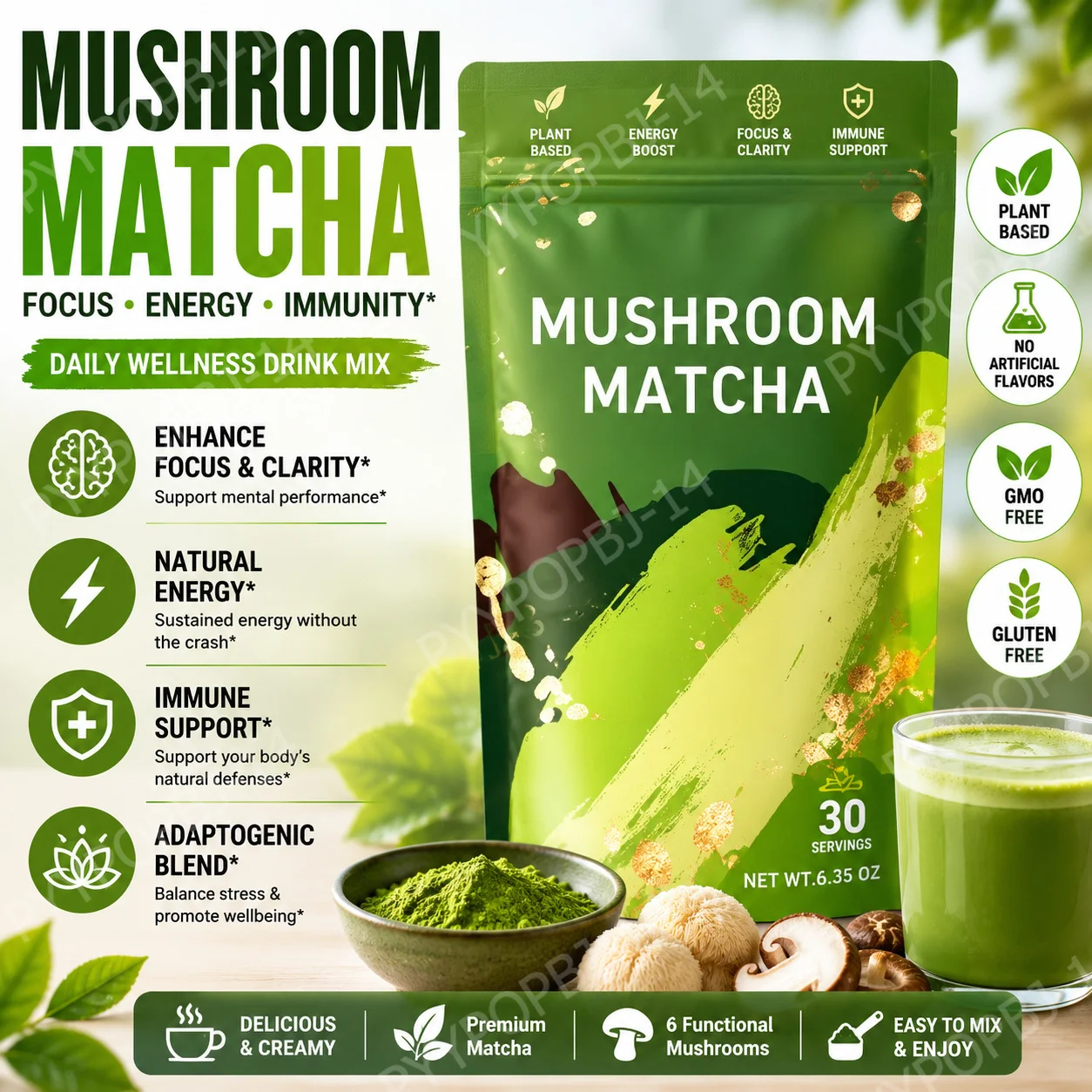 

Organic Matcha Mushroom supplement with Cordyceps Reishi Lion's Mane Plant-Based Wellness 6.35OZ Non-GMO Gluten Free