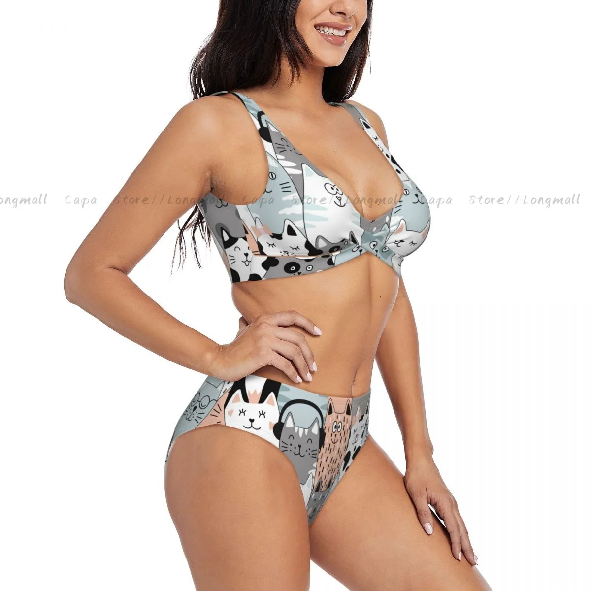 

Летний женский комплект бикини с v-образным вырезом, комплект с милым котом, женский купальник из двух предметов, пляжный купальник, купальный костюм