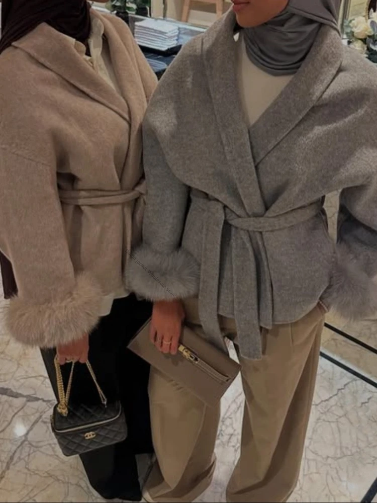 Elegant Woolen Jacket Spring Wool Blend Coat Lace-up Strap Autumn Long Sleeves Loose Splicing Wool Coat Furry Real Fur Jacket