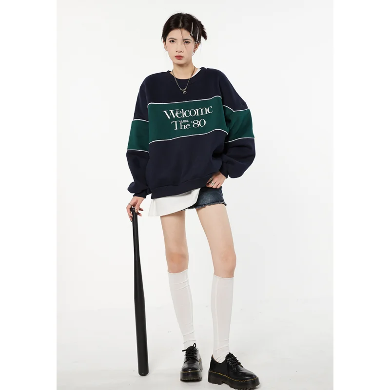 Vintage Dark Blue Plush Sweatshirt Letter Splicing Women Round Neck American Fashion Streetwear Lazy Wind Winter Female Pullover