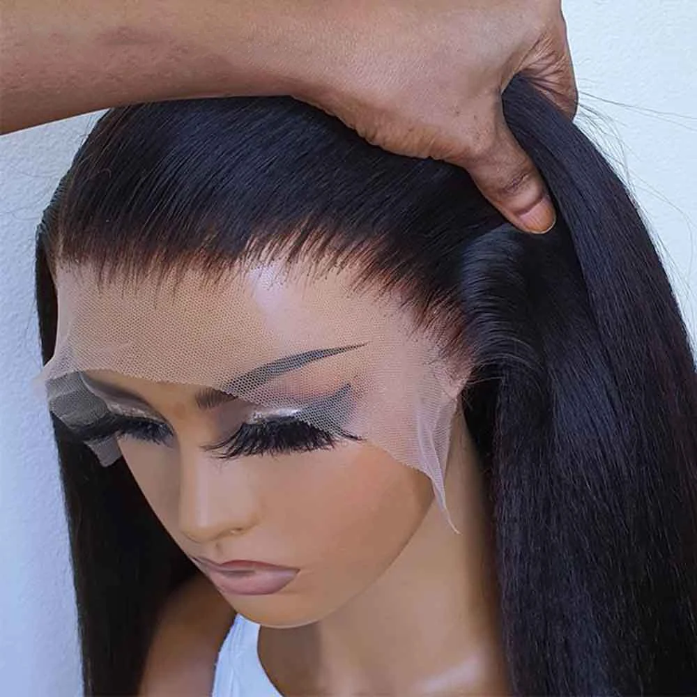 Macio 180 densidade natural preto yaki kinky em linha reta 26 Polegada longa peruca dianteira do laço para mulheres com cabelo do bebê preplucked diariamente sem cola