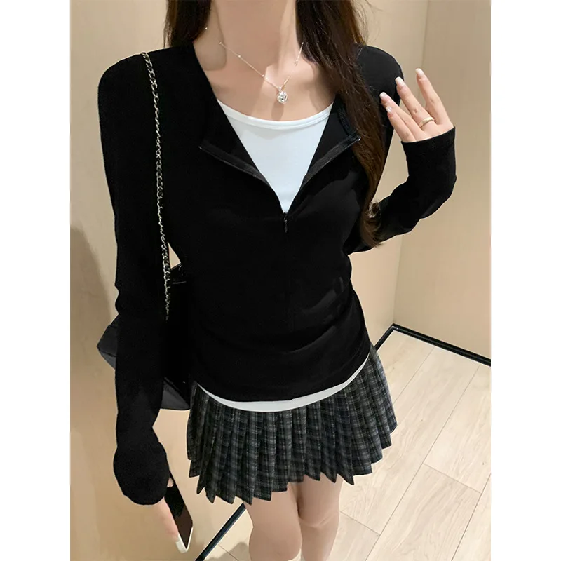 Black Splicing Color Match Fake Two Piece Long Sleeve T-shirt Women's Autumn Half Zipper Design Sense Unique and Unique Top