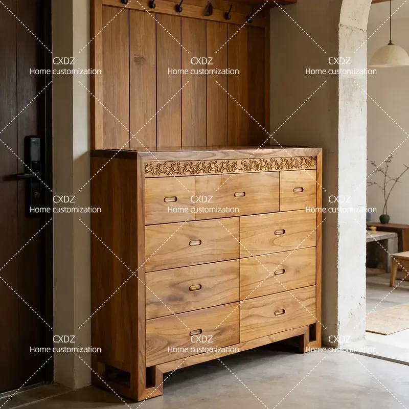 New Chinese Style Solid Wood Elm Storage Cabinet Large Capacity 9 Drawer Chest for Porch Entryway Multi Pump Organizer