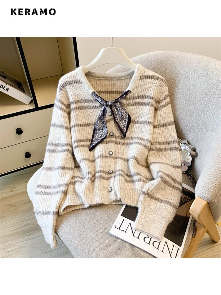 

Casual Knitting Bow Patchwork Long Sleeve Striped Print Pullovers Korean Fashion Women's Chic Single Breasted Warm Sweater