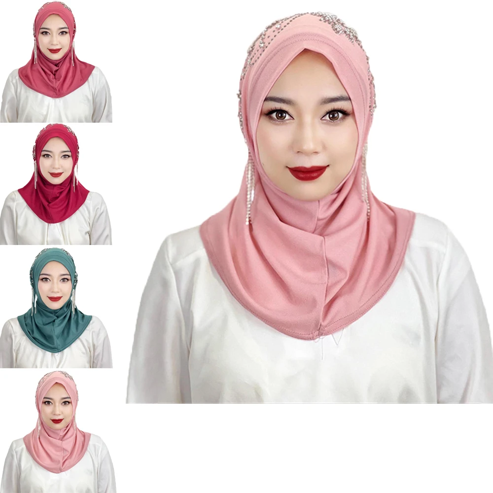 

Muslim Women Shawl Temperament Solid Colour Diamonds Tassel Simple Hijab Scarf Women's Headscarf Floral Pattern Bottoming Cap