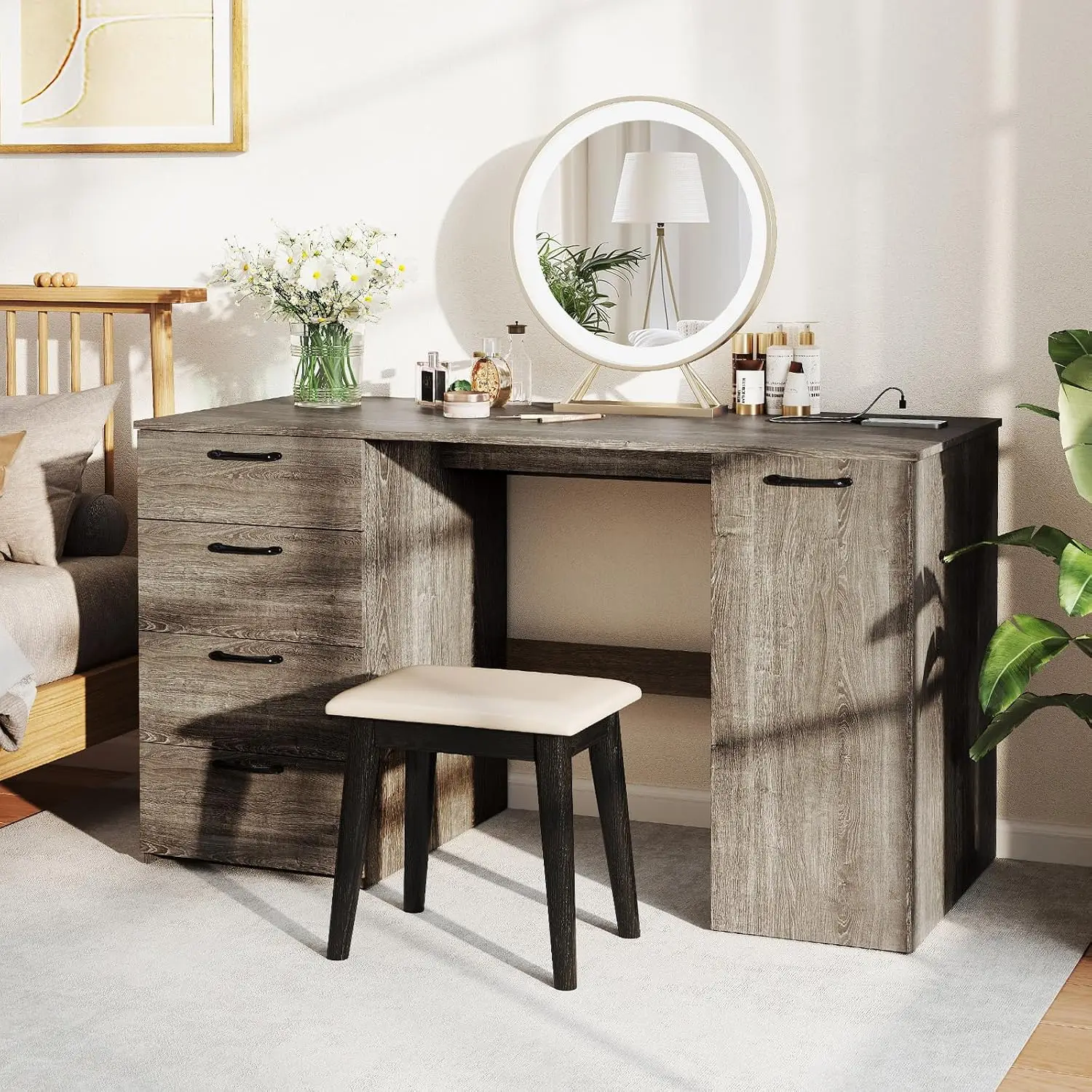 Computer Desk with 4 Drawers & Cabinet, Charging Station, Adjustable Shelf, Cable Hole, Home Office, Grey, Customized