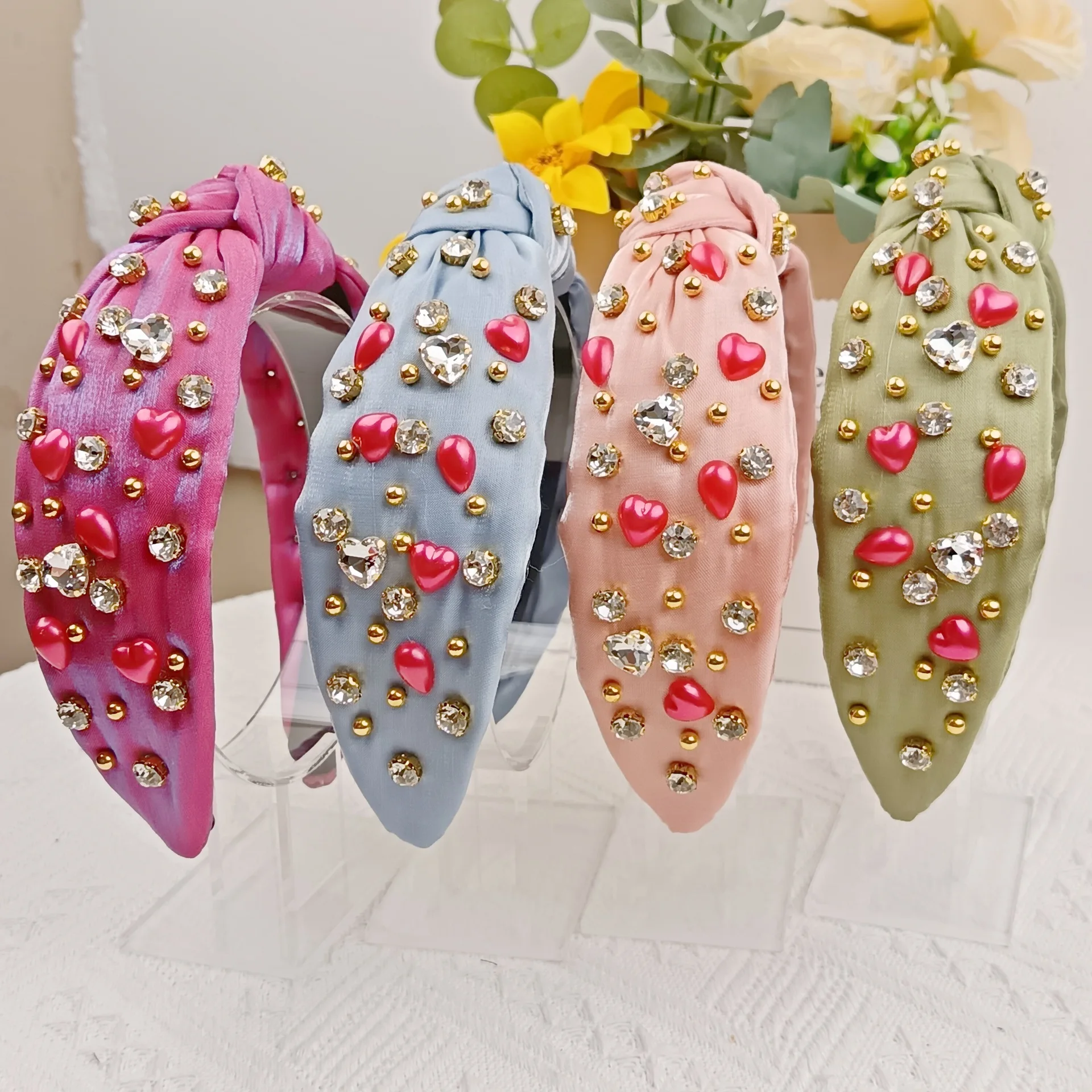 Spring and Autumn New Wide-Brimmed Valentine's Day Love Rhinestone Pearl All-Match Knotted Hairband Hair Accessories