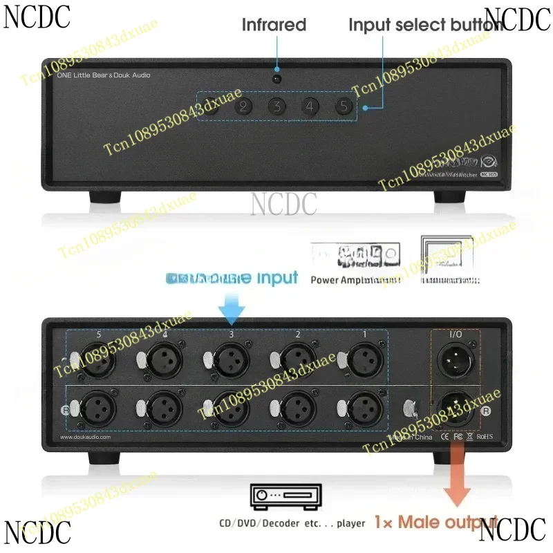 MC105 Manual 5-Way Balanced XLR Audio Switcher Box 1(5)-IN-5(1)-OUT Amplifier Signal Selector Splitter