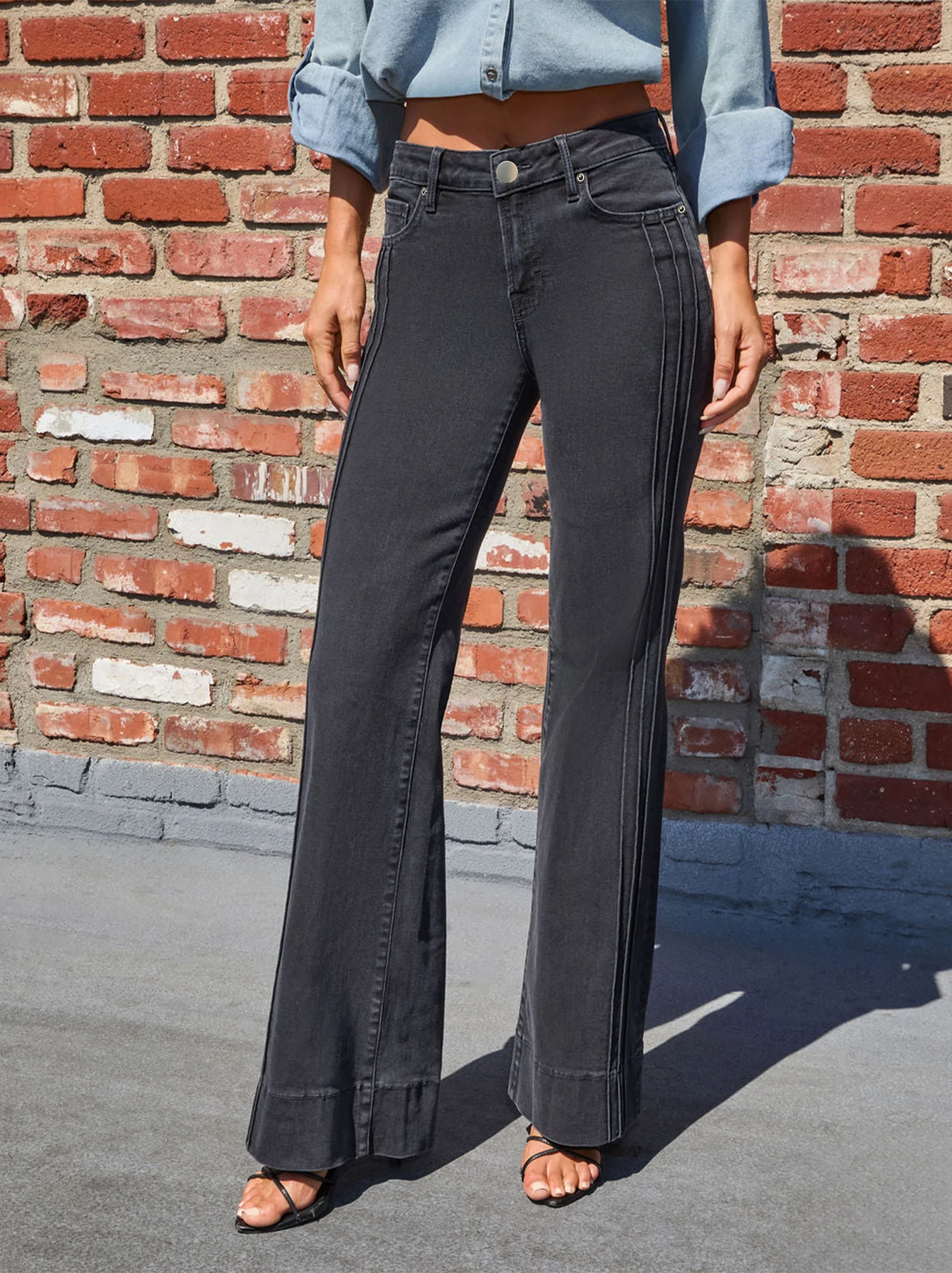 

2025AW New Women's Denim Jeans, Five-pocket style, with pleated hem and mid-low waist, retro style stretch flared denim jeans, s