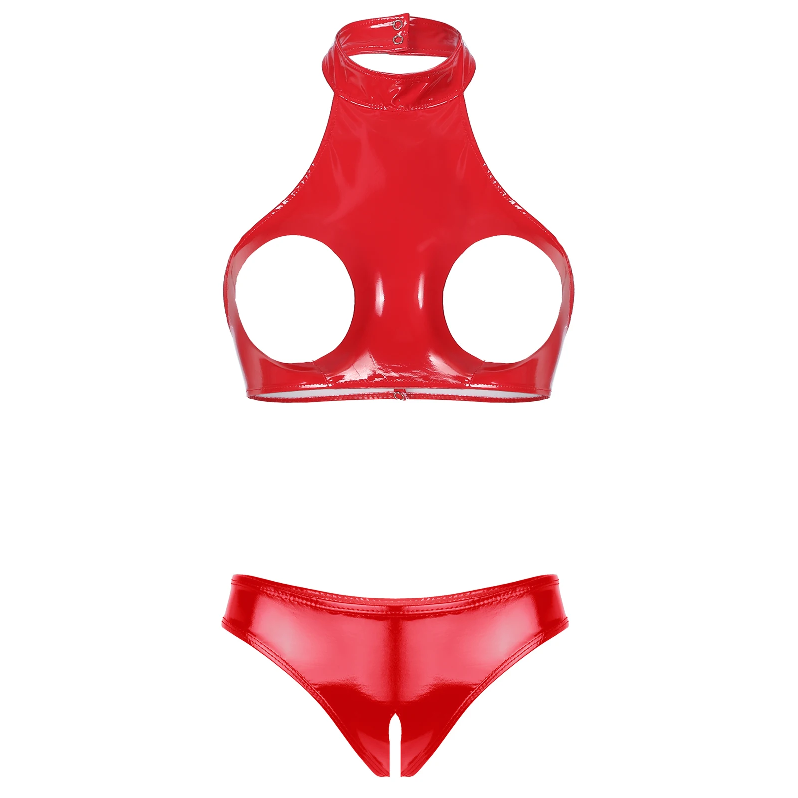 Womens Wet Look Patent Leather Lingerie Underwear Set Halter Open Bust Backless Crop Top with Open Crotch High Cut Briefs