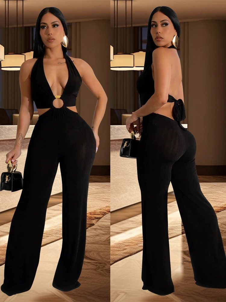 Solid Color Sleeveless Long Jumpsuits for Women 2024 Sexy Deep V-neck Tight Fitting Suit Elegant Backless Black Women's Clothing