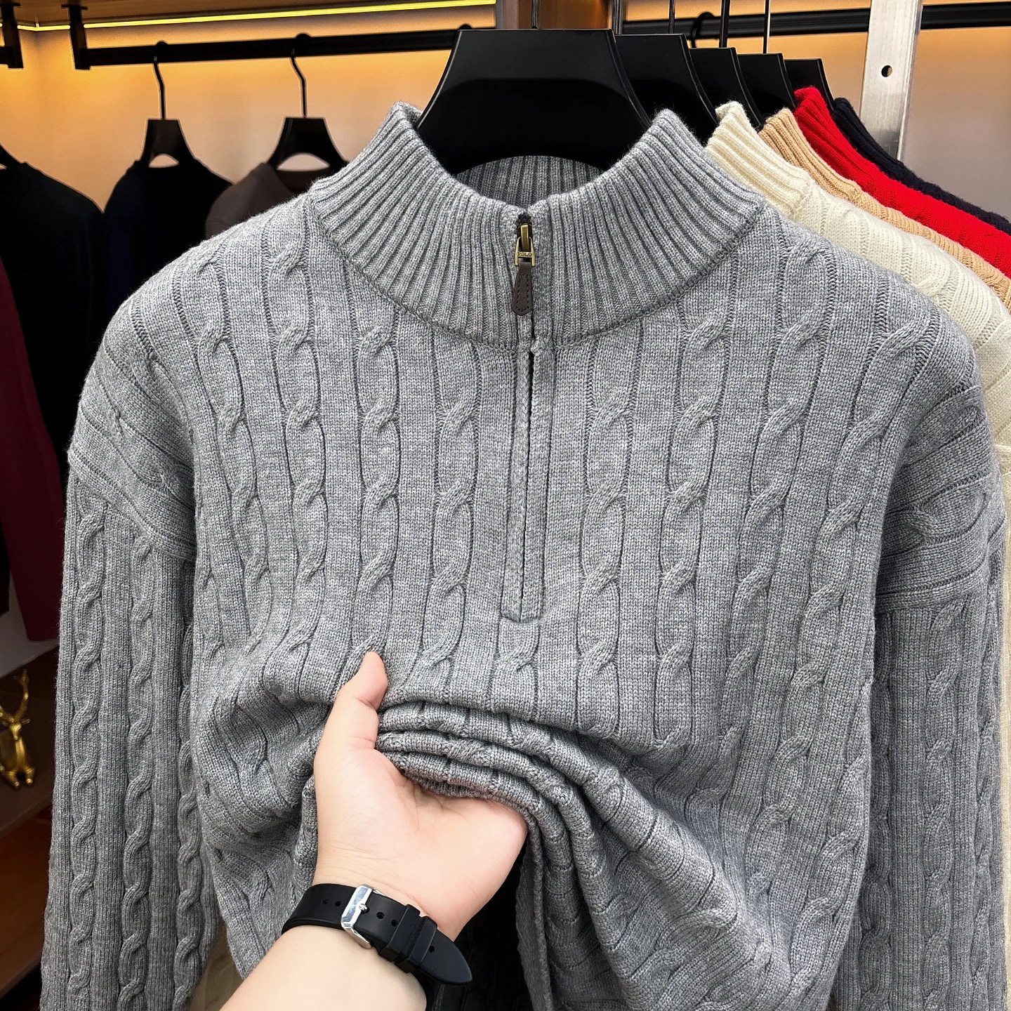 High Quality Winter Sweater Designer Brand Solid Color Men's Retro Zipper Mock Neck New Fashion Casual Jacquard Knitted Pullover