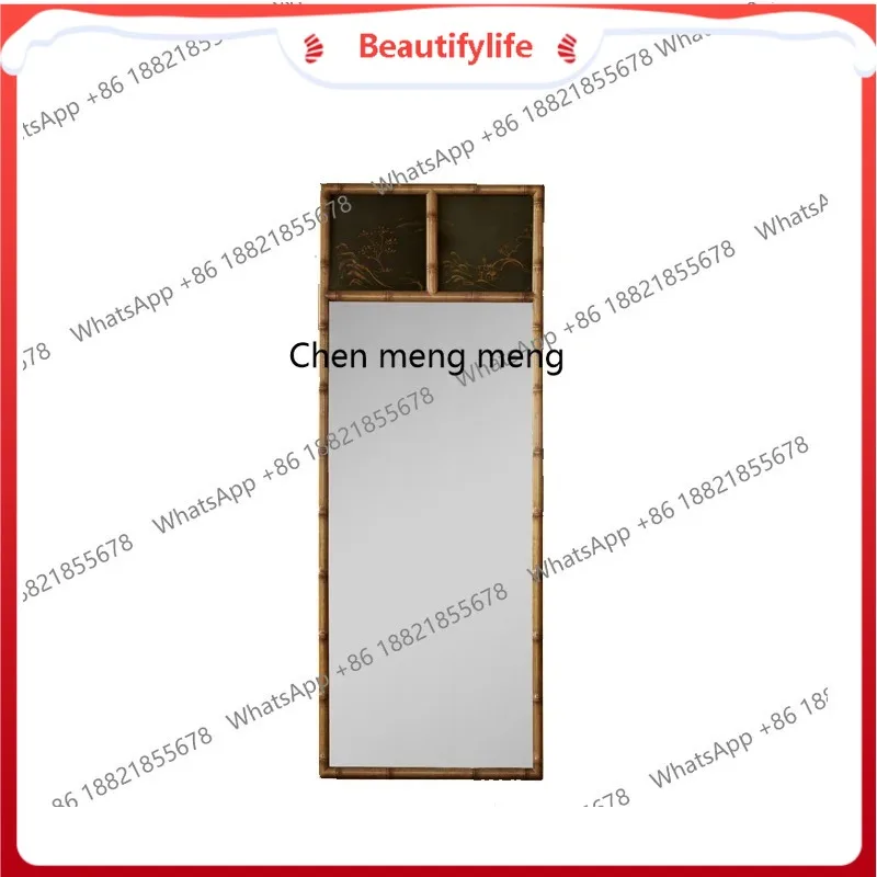 

B67 Classical retro new Chinese style mixed and matched painted bamboo square hanging mirror decorative mirror