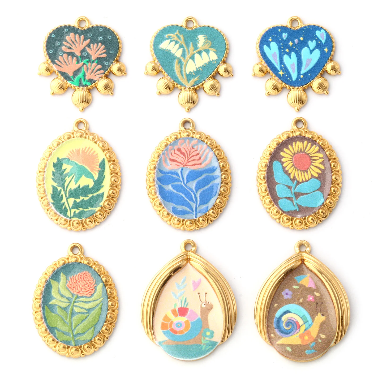 1 Piece 304 Stainless Steel Pendants 18K Gold Plated Multicolor Flower Snail Printed Heart Oval Charms For DIY Necklace Making