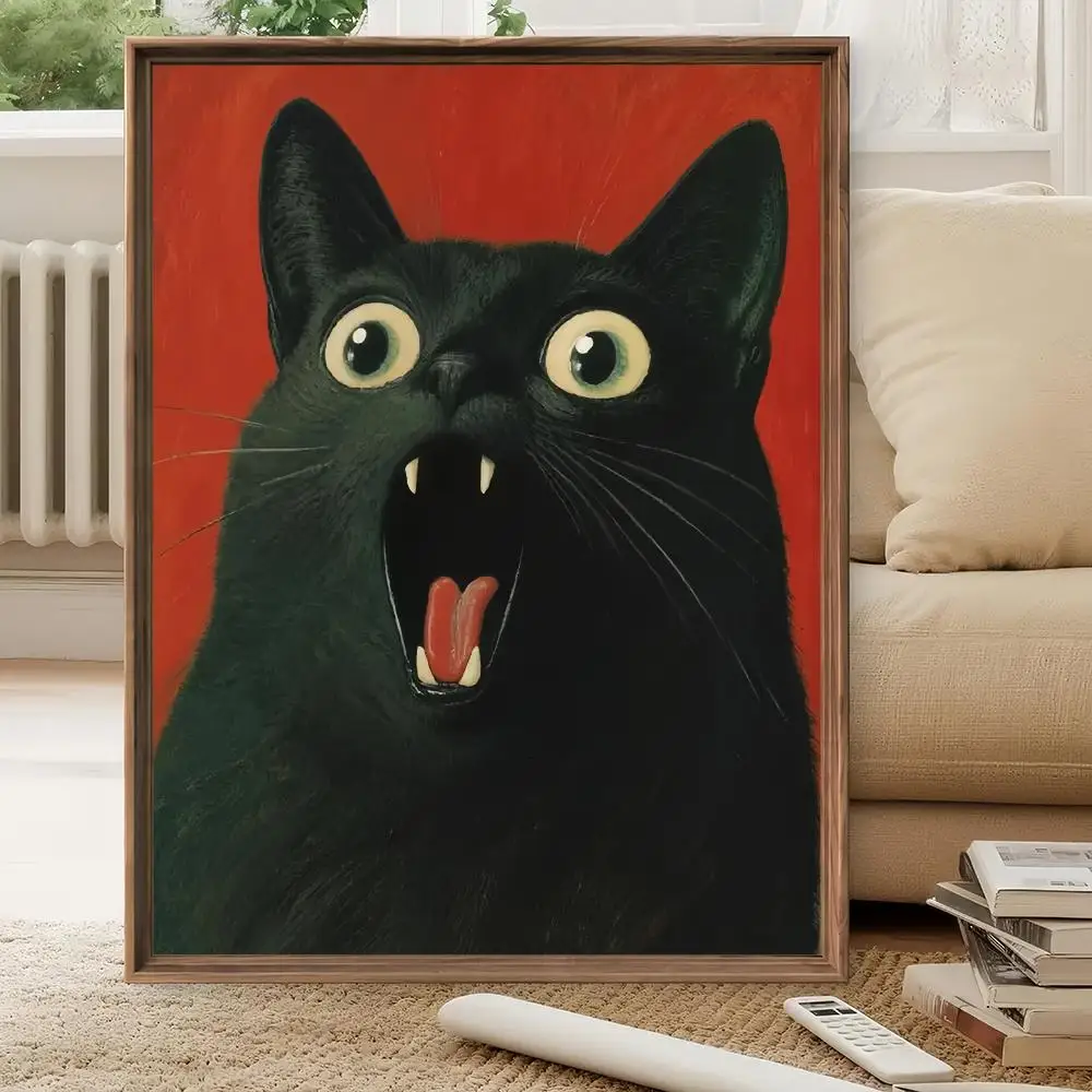 Black Cat Portrait HD Wall Art Poster Vibrant Red Background Playful Expressive Feline Quirky Modern Home Decor Cat Lover Gift