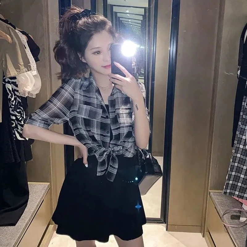 Damskie koreańskie Casual Plaid krótka koszula Camisole Mini sukienka dwa kawałki zestaw 2022 moda studencka czarne sukienki Streetwear kobieta