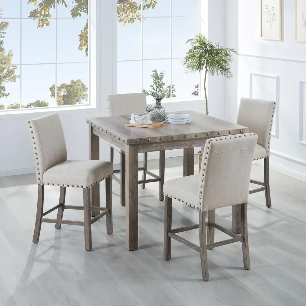 

Dining Table Set for 4, Includes Table & 4 Soft Cushioned Seats with Nailhead Accents, 5-Piece Farmhouse Dining Room Set