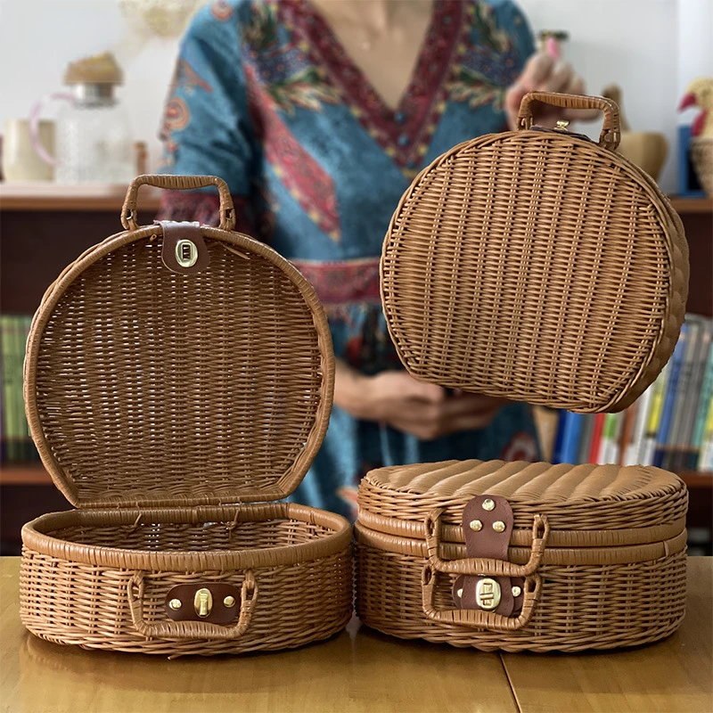 Baby Photography Props Round Rattan Storage Moon Cake Box Gift Packaging Souvenirs Retro Woven Rattan Suitcase Baby Keepsakes