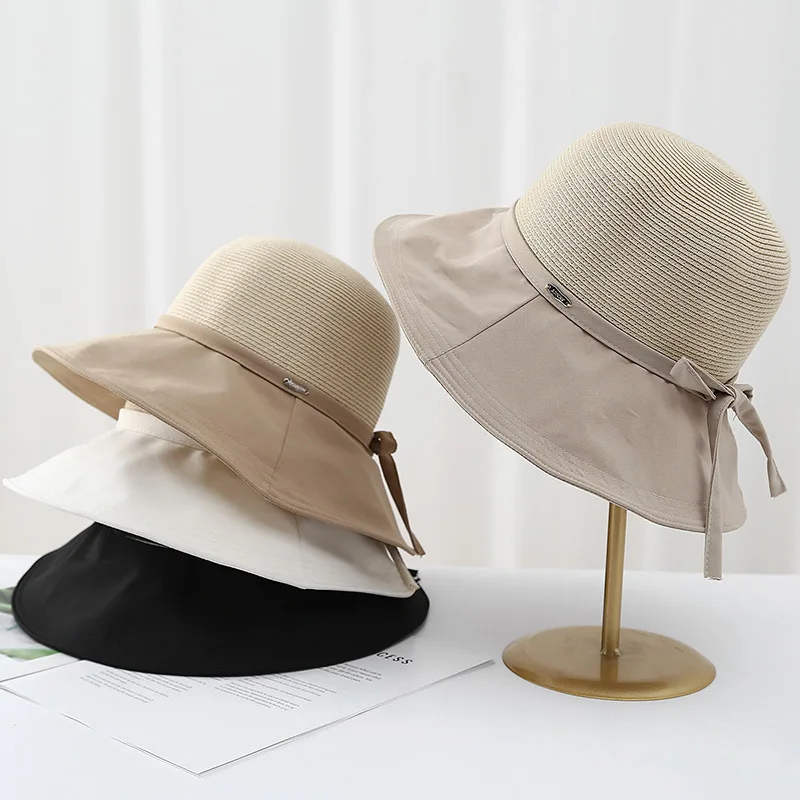 Japanese Korean Style Women Bucket Hat Bow Tie Strap Fabric & Straw Spliced UV Protection Sun Hat Summer Casual Shade Cap