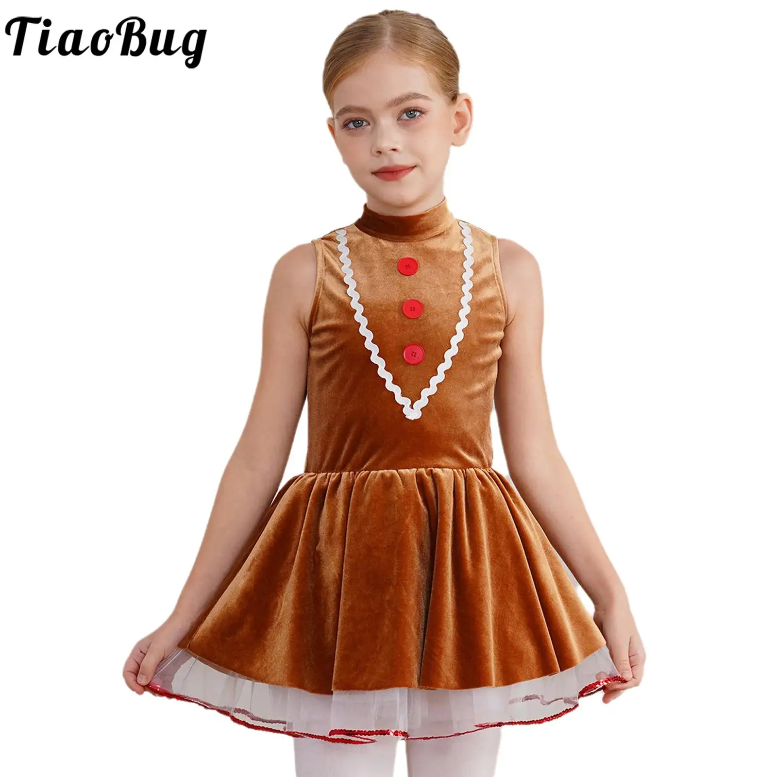 

Kids Girls Christmas Gingerbread Man Cosplay Costume Gingerbread Man Role Play Velvet Tutu Ballet Leotard for Dance Performance