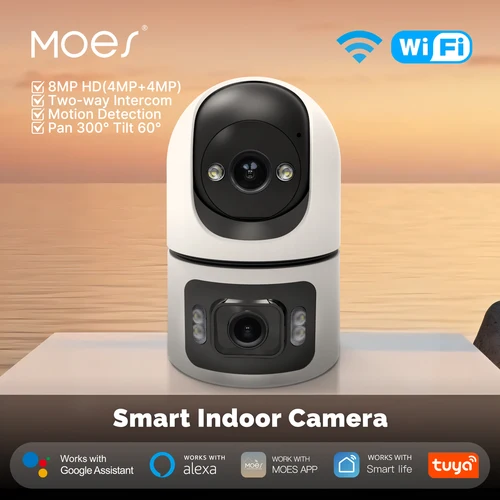 Moes Tuya WiFi cámara inteligente para interiores 4MP lente de pantalla Dual 2,4G/5G visión nocturna infrarroja detección de movimiento seguimiento automático Audio bidireccional