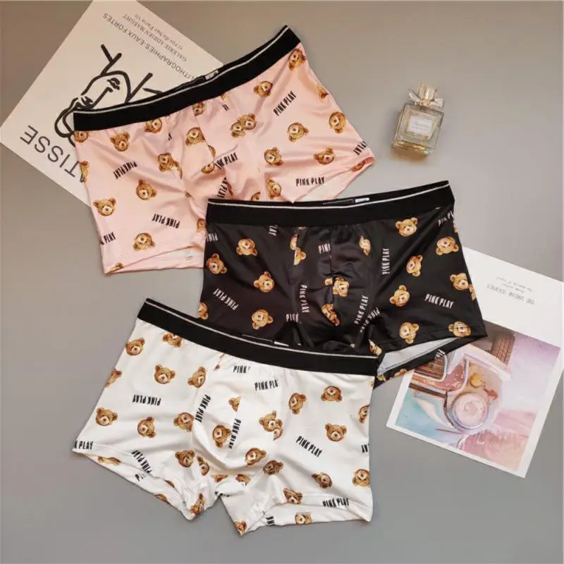 New Couple Panties Set Bear Print Cartoon Printing Underwear Fashion Sexy Lace Ice Silk Fabric Triangle Low Waist Underwear