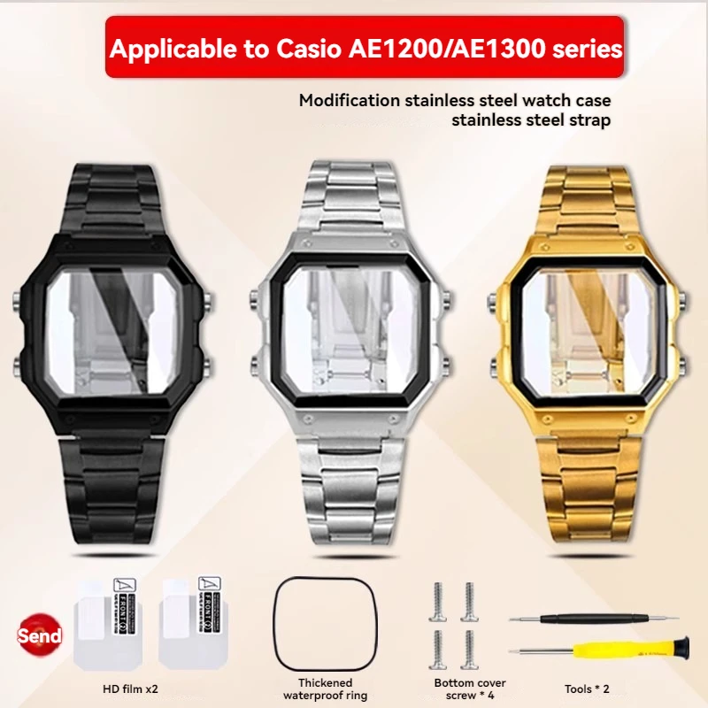 

AE1200 Steel Case Mod Kit For Casio AE-1200WH AE-1300 Metal Bezel strap with Mirror Waterproof Ring Tools | ae1200 Upgrade Parts