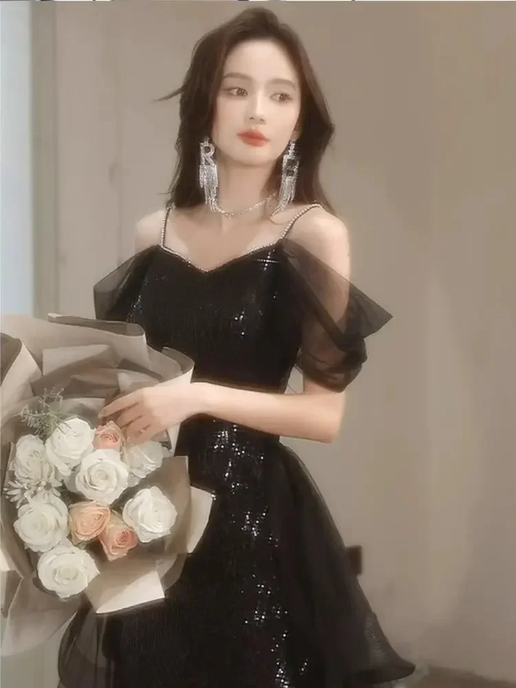 Banquet party performance prom dress performance gown 2025 New Black long sequined tail lady girl women princess dress