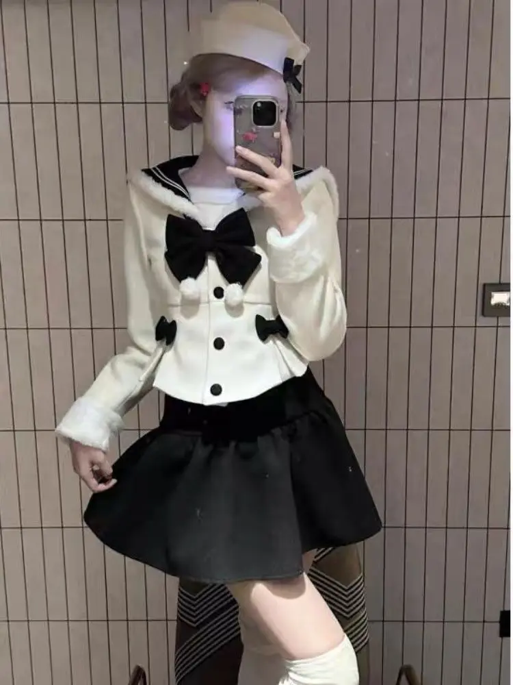 Outono inverno japonês kawaii doce 2 peça ternos feminino bowknot bonito magro colheita topos casacos de cintura alta cor pura mini saia conjuntos