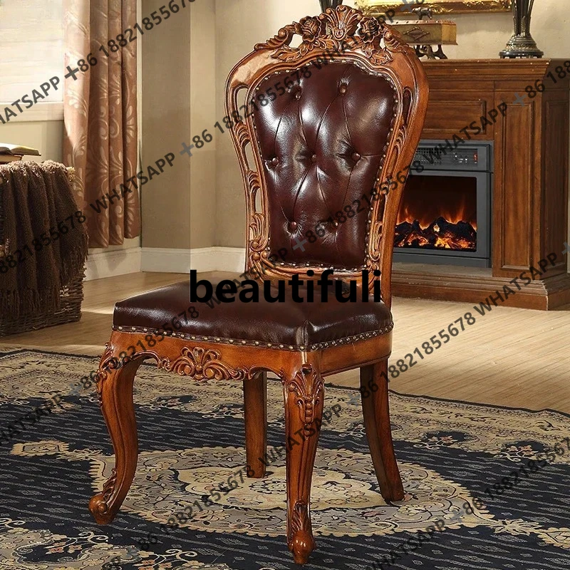

Solid wood American dining table and chairs European retro carved leather chairs