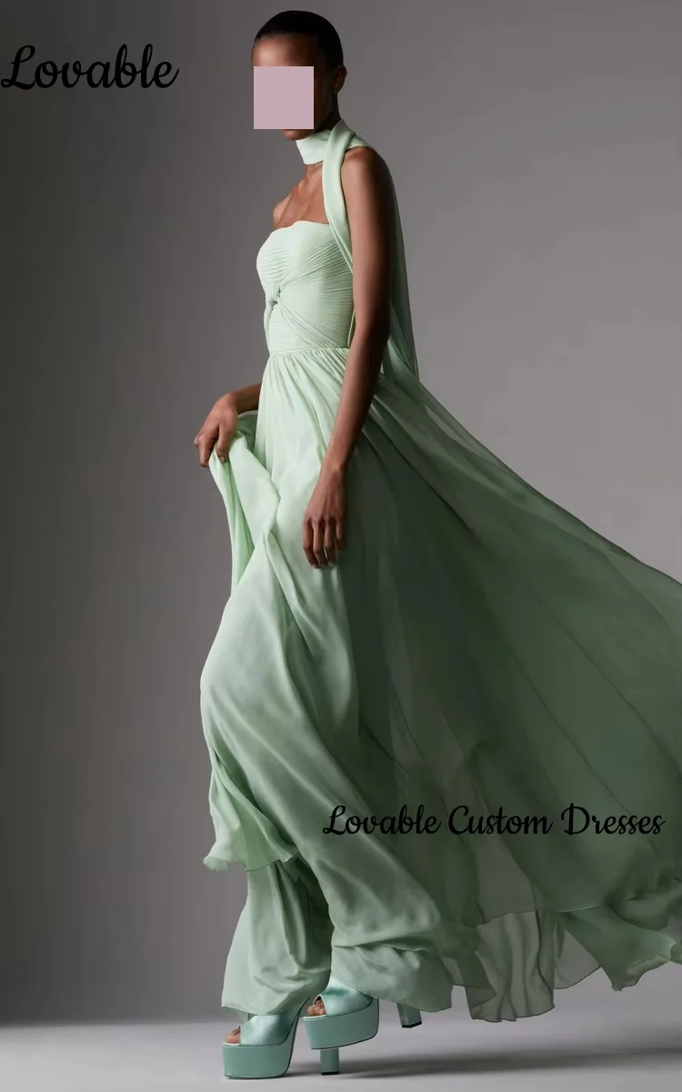 맞춤형 민소매 그린 럭셔리 드레스 이브닝 A라인 스트랩리스 우아한 여성용 드레스 플로어 길이 러플 드레스