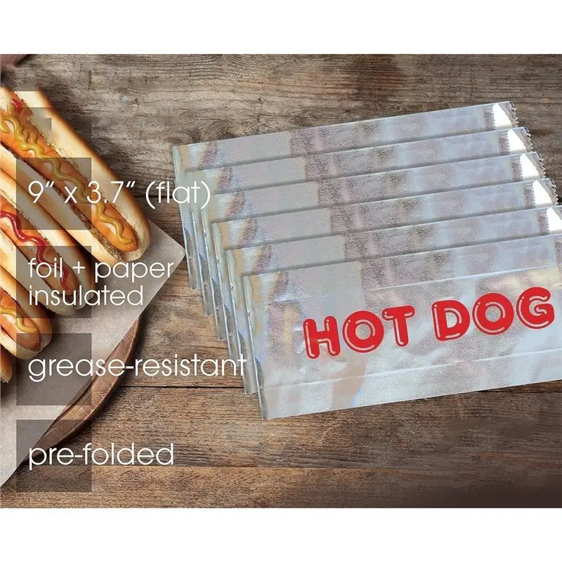 SHGO-Foil Hot Dog Wrappers, Insulated Grease Disposable Hot Bag Sleeves, 240X90x40mm, Foil Paper Hot Dog Bags, 100PCS