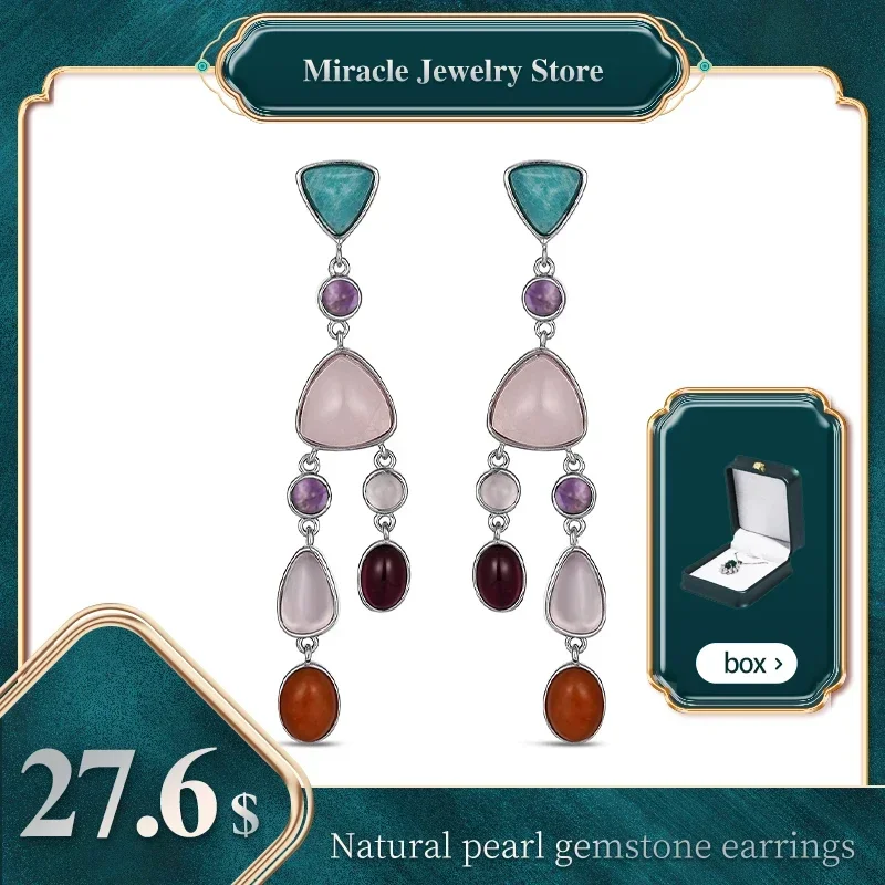 

Mrs Win 925 Sterling Silver Earrings Set with Natural Amethyst and Pink Crystal, High-end Ladies' Jewelry, A Gift for Mothers