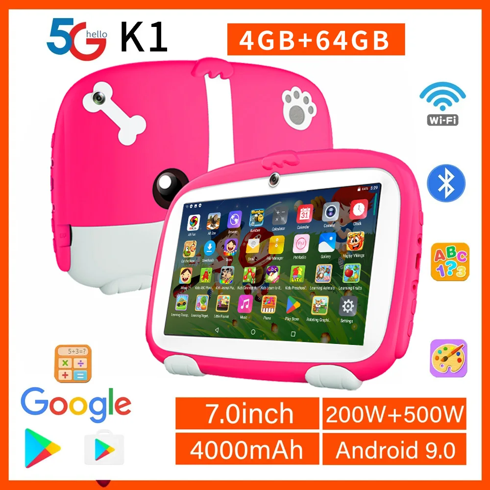 Tablette PC BDF 5G WiFi K1 pour enfants, Tablettes pour enfants, Interrupteur design, ApprentiCumbria, Cadeau de divertissement, Android 9.0, 64 Go, 7 pouces