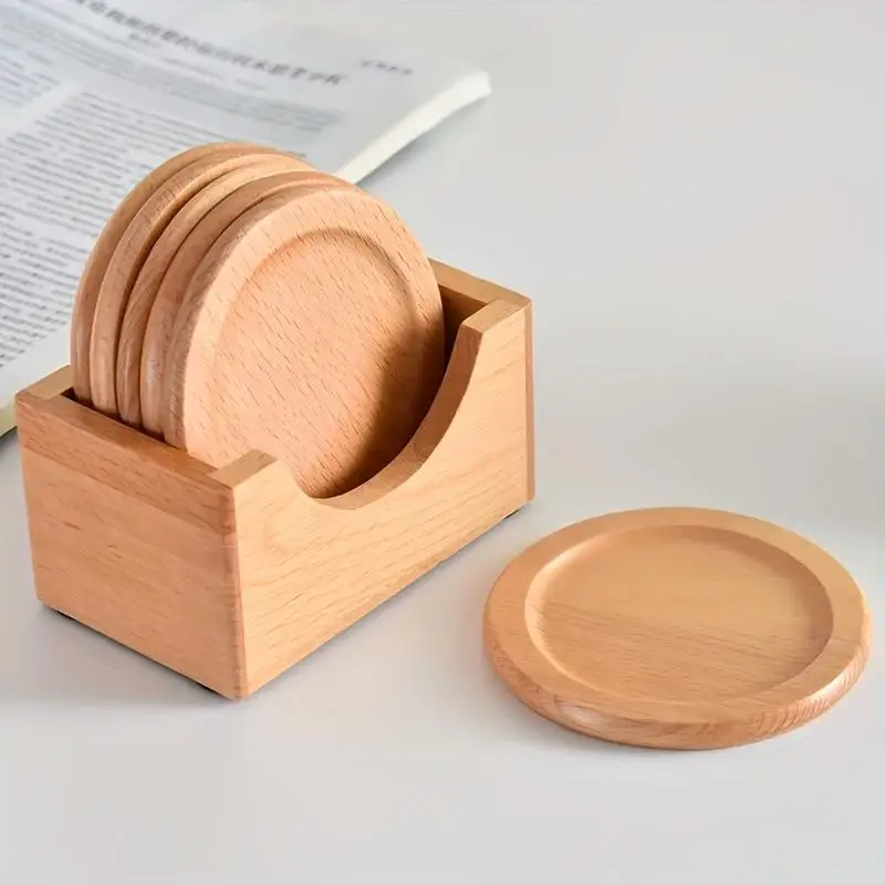 Untersetzer-Set aus natürlichem Buchenholz, hitzebeständig, mit Aufbewahrungshalter für den täglichen Gebrauch in Küche und Haushalt – Detail 1