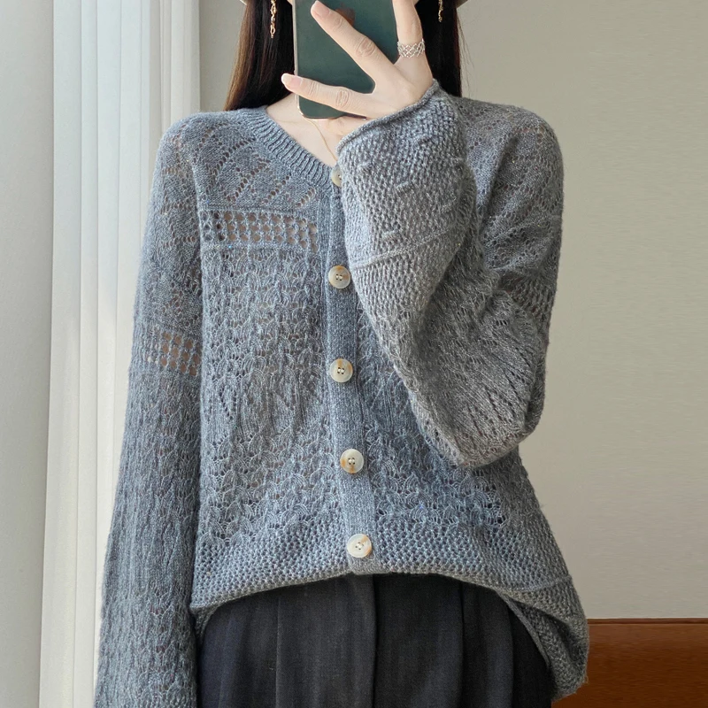 

O-Neck Cardigan 100% Merino Wool Sweater Soft Women Long Sleeve Knitwear Hollow Out Knitwear Korean Fashion Clothing Tops