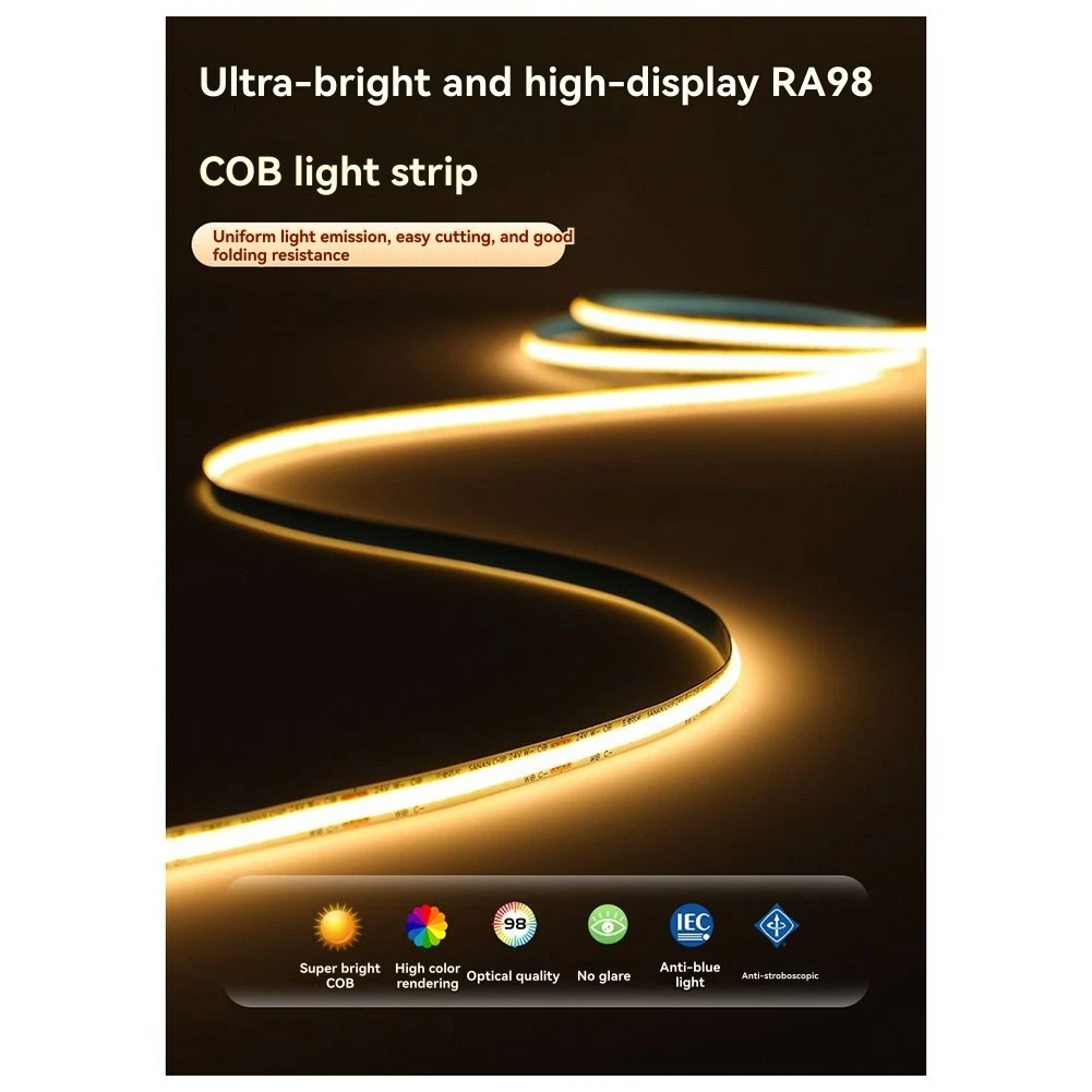 ABNO-COB Strip Light Strip แรงดันไฟฟ้าต่ํา 24V กว้าง 8 มม.320 LEDs/M Self-กาวกาวแสงสีขาวอุ่น