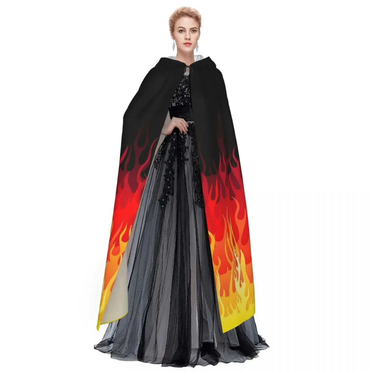 Custom Red Hot Rod Flame On Edge Black Background Long Hooded Cloak Witch Medieval Costume Cosplay Cape HalloweenCoat Adult Unis