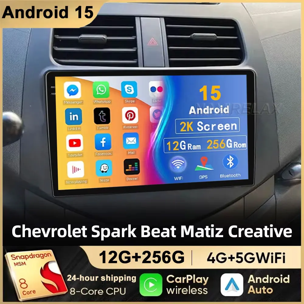Radio estéreo de coche de 9 "para Chevrolet Spark Beat Matiz Creative 2010 - 2014 Android 15 Carplay Multimidia unidad principal de reproductor de vídeo