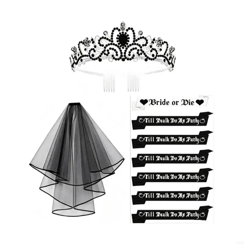 2026 New Bride Or Die Bachelorette Party Decoration Black Skull Bridal Headpiece for Halloween Parties, Gothic Wedding Looks