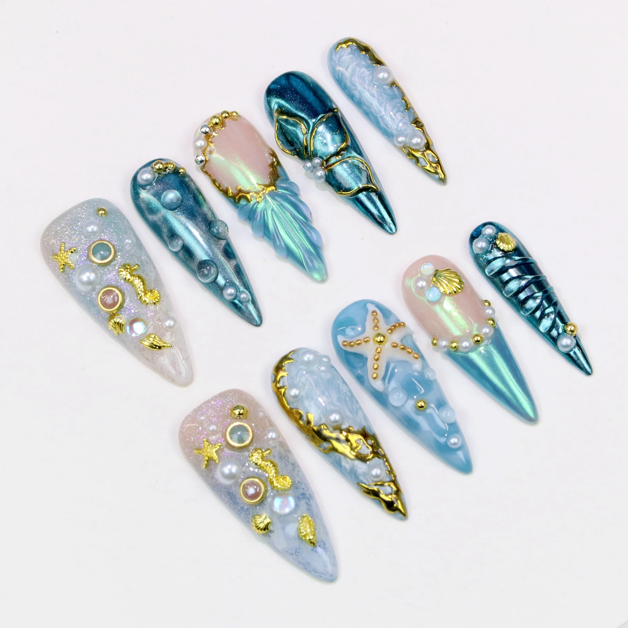 10 قطعة ثلاثية الأبعاد موضوع المحيط الطبيعي طويل خنجر اضغط على الأظافر ، الصيف مع نجم البحر زهرة الشاطئ محارة مخصصة اليدوية وهمية مسمار الفن